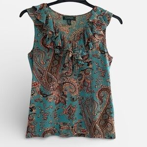 Lauren Ralph Lauren Sleeveless Blouse Sz Small Ruffle Neck Paisley Printed Teal